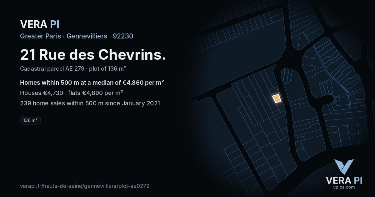 21 Rue des Chevrins, Gennevilliers at night – the plot lit, the parcels around coloured by the prices near them