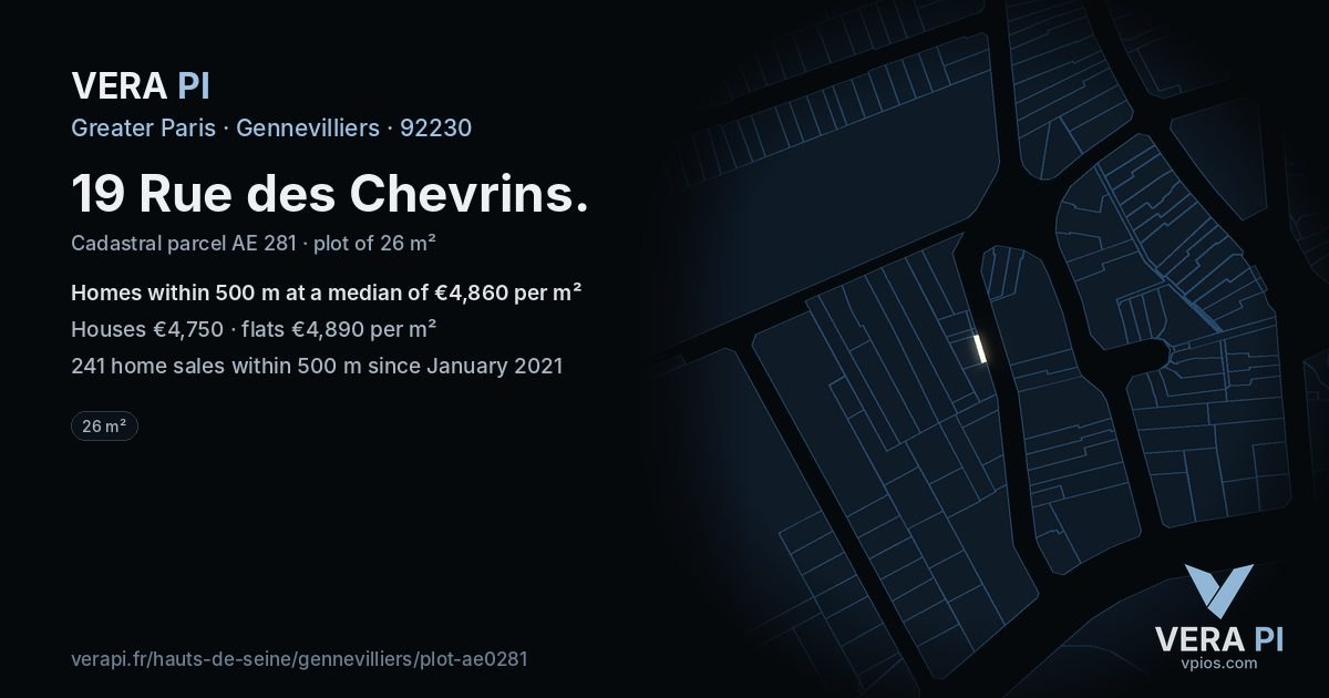 19 Rue des Chevrins, Gennevilliers at night – the plot lit, the parcels around coloured by the prices near them