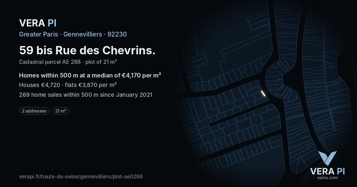 59 bis Rue des Chevrins, Gennevilliers at night – the plot lit, the parcels around coloured by the prices near them
