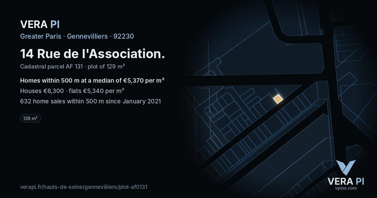 14 Rue de l'Association, Gennevilliers at night – the plot lit, the parcels around coloured by the prices near them