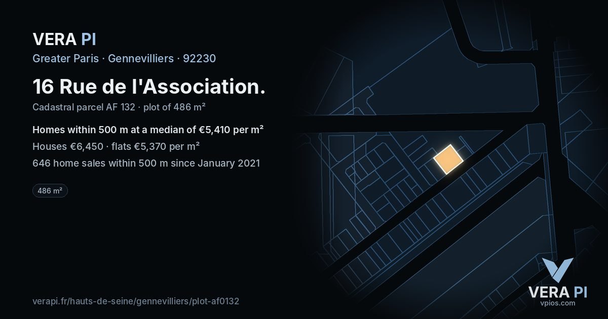 16 Rue de l'Association, Gennevilliers at night – the plot lit, the parcels around coloured by the prices near them