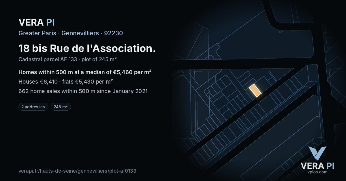 18 bis Rue de l'Association, Gennevilliers at night – the plot lit, the parcels around coloured by the prices near them