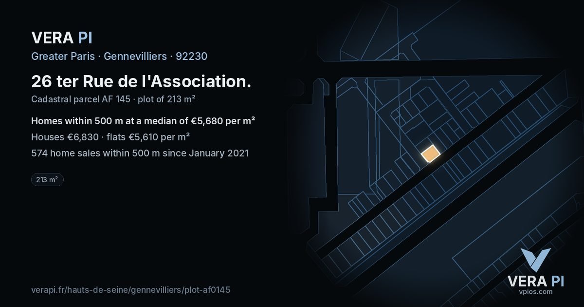26 ter Rue de l'Association, Gennevilliers at night – the plot lit, the parcels around coloured by the prices near them