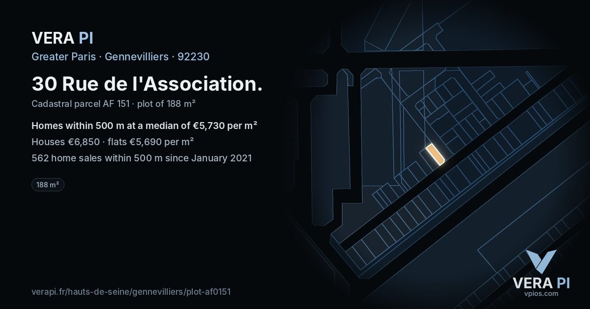 30 Rue de l'Association, Gennevilliers at night – the plot lit, the parcels around coloured by the prices near them
