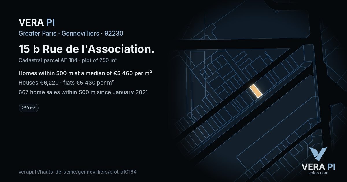 15 b Rue de l'Association, Gennevilliers at night – the plot lit, the parcels around coloured by the prices near them