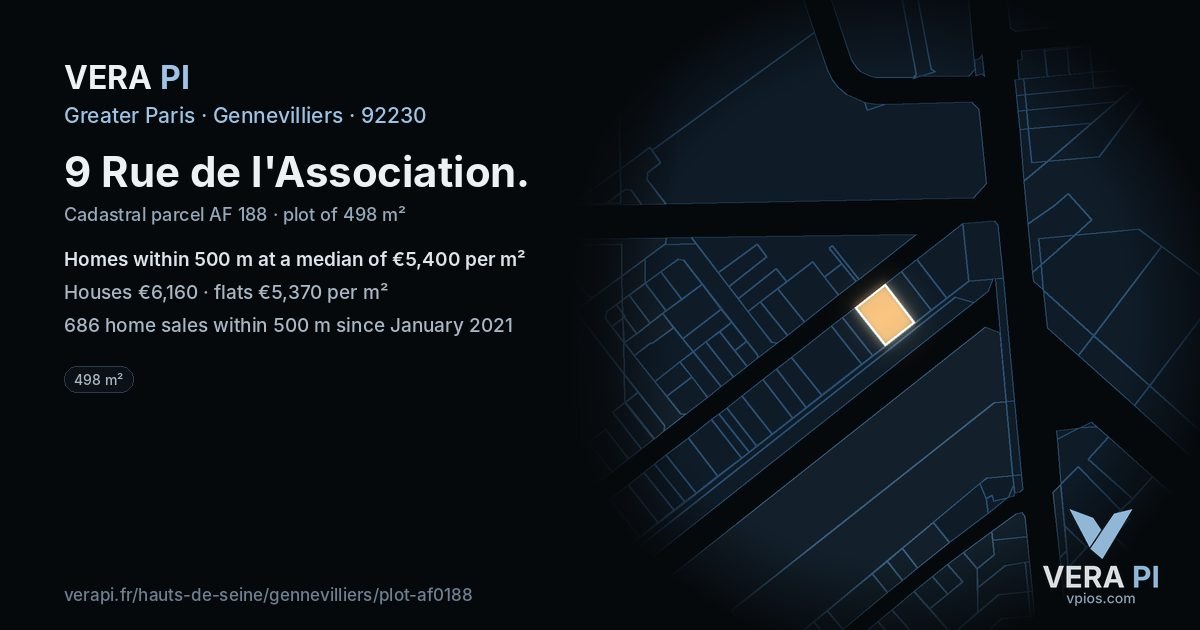 9 Rue de l'Association, Gennevilliers at night – the plot lit, the parcels around coloured by the prices near them