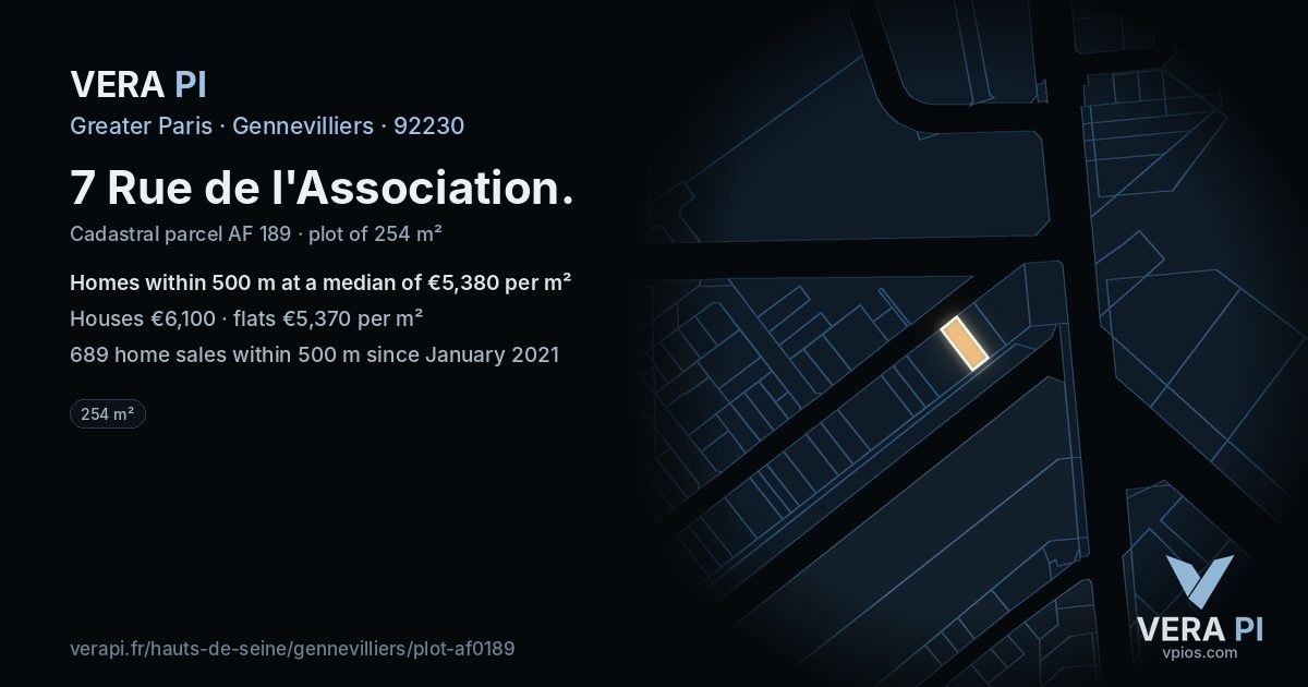 7 Rue de l'Association, Gennevilliers at night – the plot lit, the parcels around coloured by the prices near them