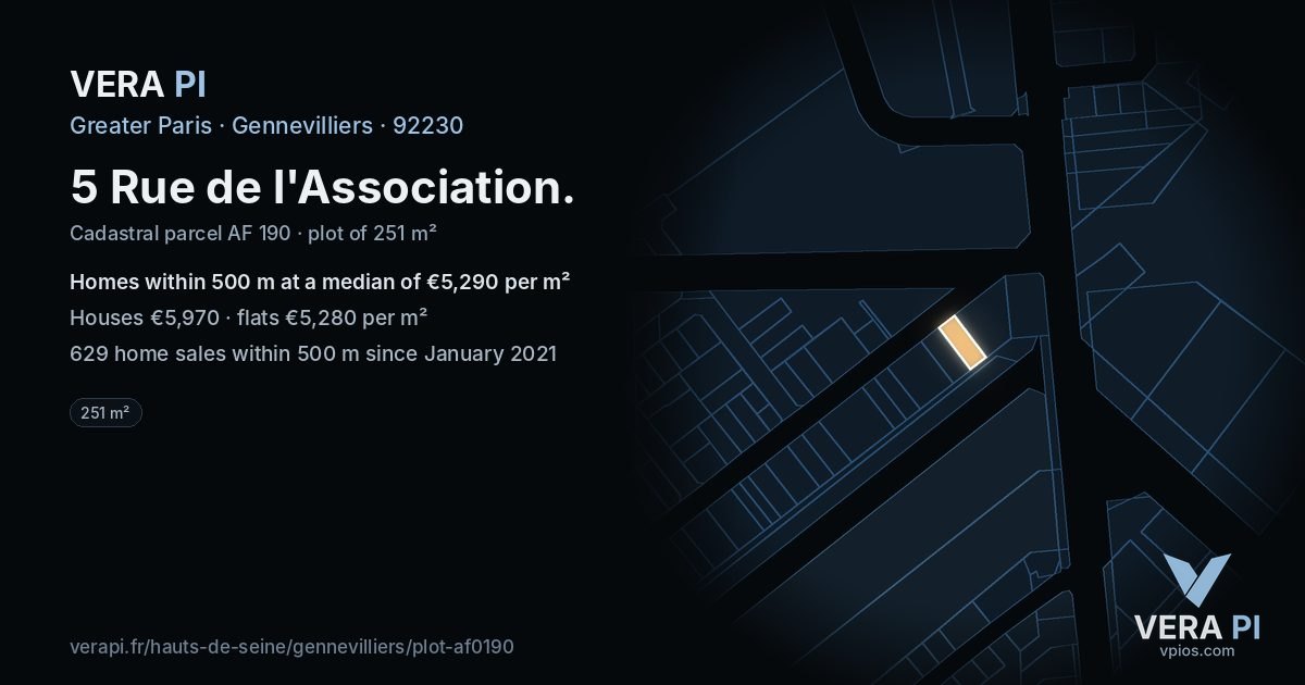 5 Rue de l'Association, Gennevilliers at night – the plot lit, the parcels around coloured by the prices near them