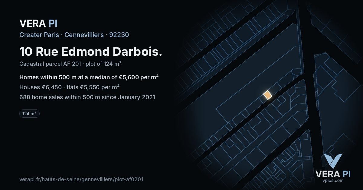 10 Rue Edmond Darbois, Gennevilliers at night – the plot lit, the parcels around coloured by the prices near them
