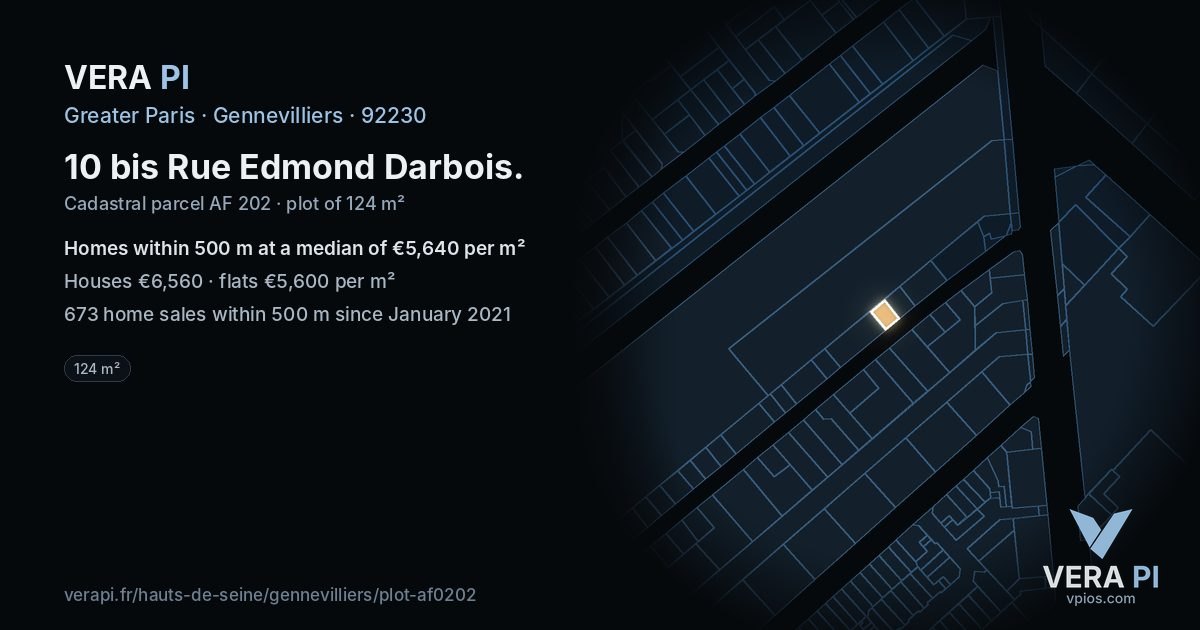 10 bis Rue Edmond Darbois, Gennevilliers at night – the plot lit, the parcels around coloured by the prices near them