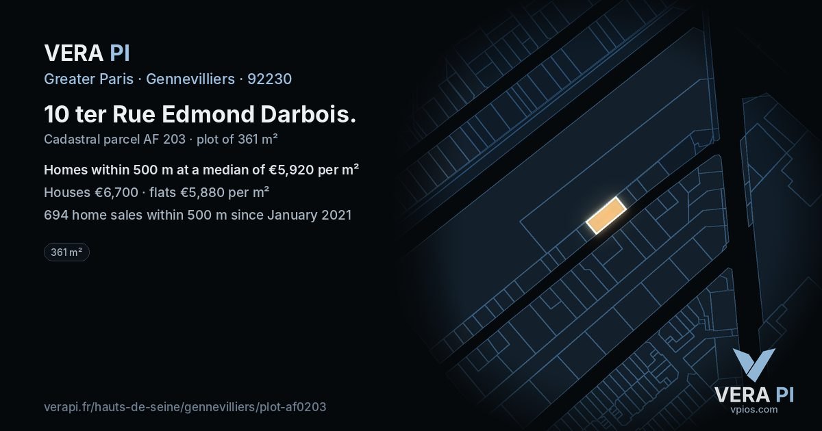10 ter Rue Edmond Darbois, Gennevilliers at night – the plot lit, the parcels around coloured by the prices near them
