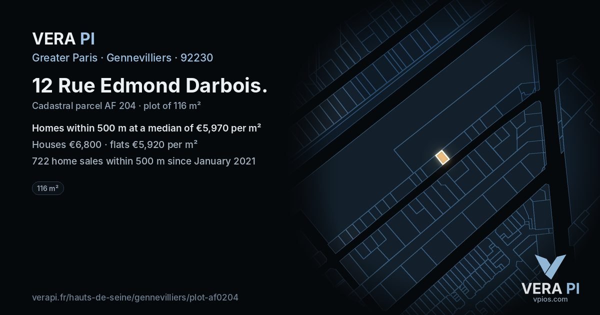 12 Rue Edmond Darbois, Gennevilliers at night – the plot lit, the parcels around coloured by the prices near them