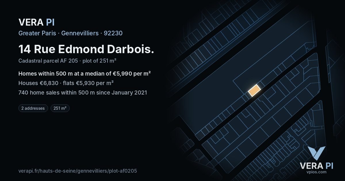 14 Rue Edmond Darbois, Gennevilliers at night – the plot lit, the parcels around coloured by the prices near them