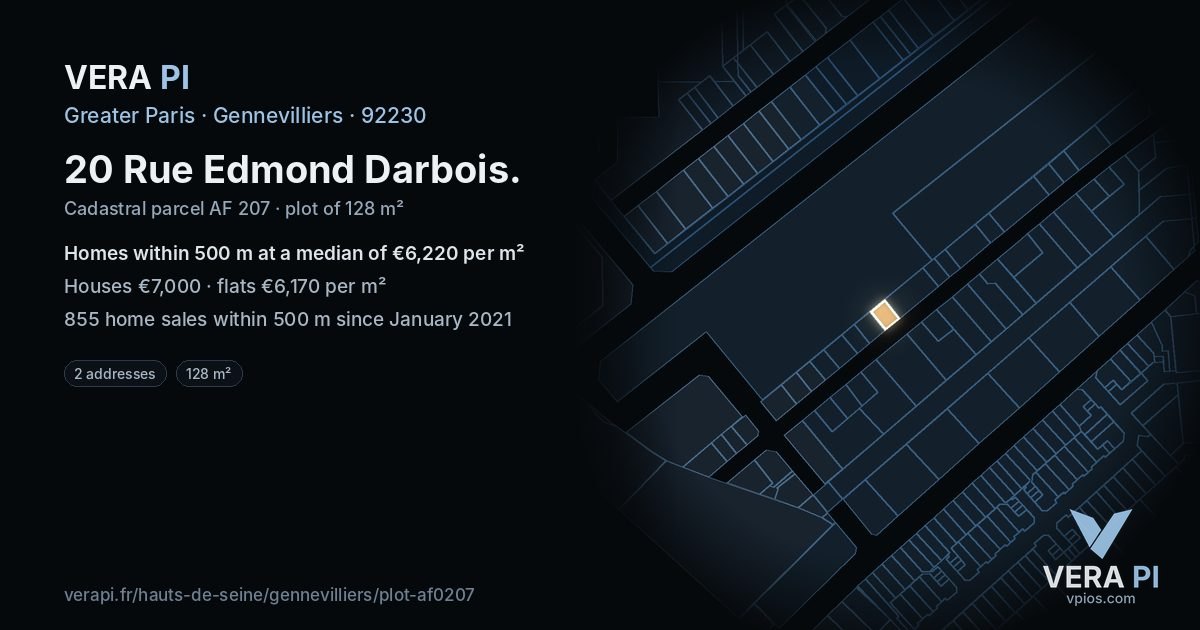 20 Rue Edmond Darbois, Gennevilliers at night – the plot lit, the parcels around coloured by the prices near them