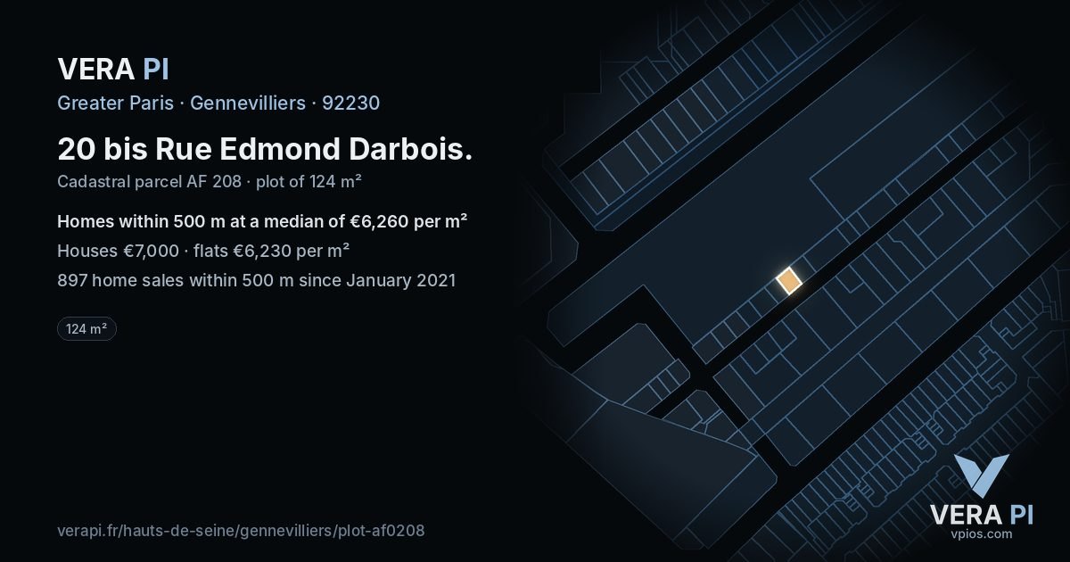 20 bis Rue Edmond Darbois, Gennevilliers at night – the plot lit, the parcels around coloured by the prices near them