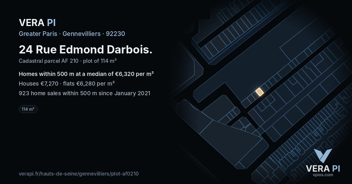 24 Rue Edmond Darbois, Gennevilliers at night – the plot lit, the parcels around coloured by the prices near them