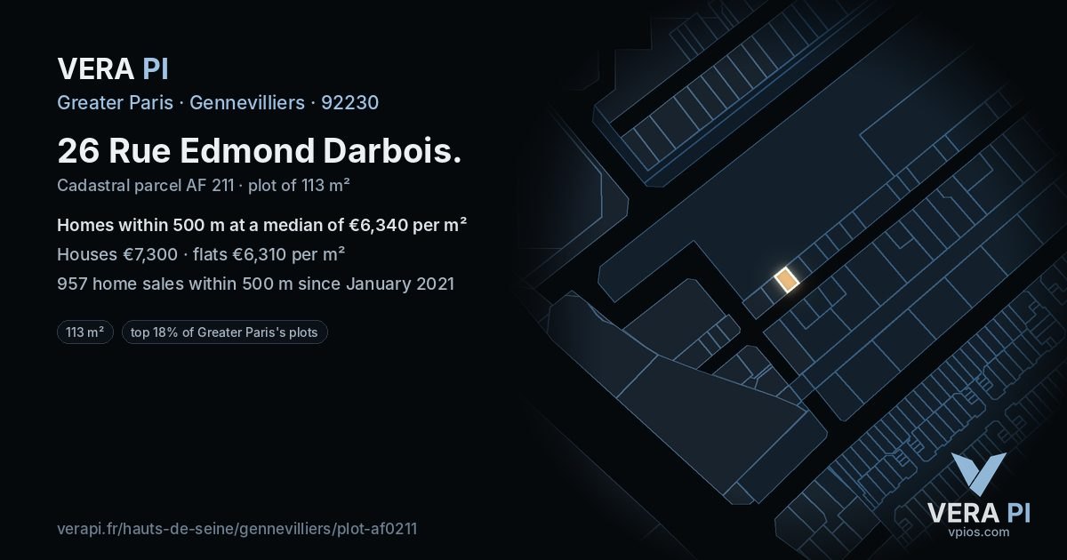 26 Rue Edmond Darbois, Gennevilliers at night – the plot lit, the parcels around coloured by the prices near them