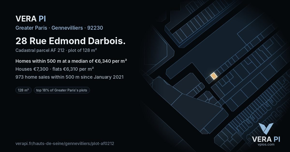 28 Rue Edmond Darbois, Gennevilliers at night – the plot lit, the parcels around coloured by the prices near them