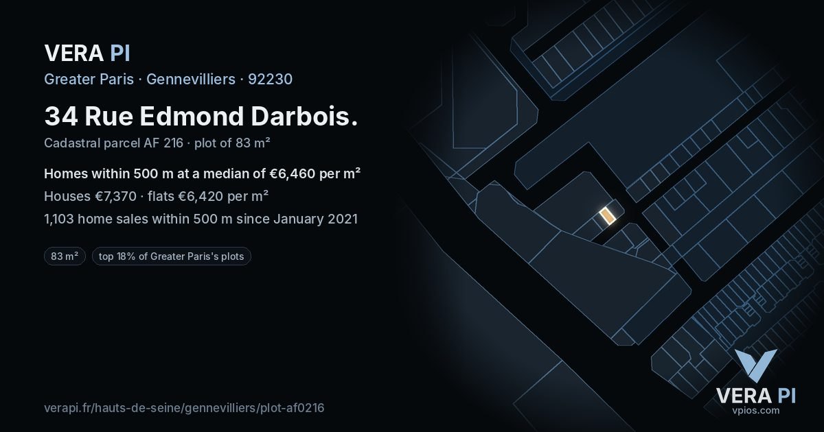 34 Rue Edmond Darbois, Gennevilliers at night – the plot lit, the parcels around coloured by the prices near them