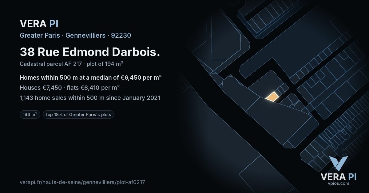 38 Rue Edmond Darbois, Gennevilliers at night – the plot lit, the parcels around coloured by the prices near them