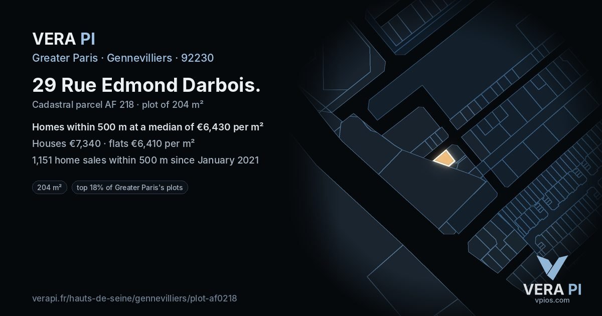 29 Rue Edmond Darbois, Gennevilliers at night – the plot lit, the parcels around coloured by the prices near them