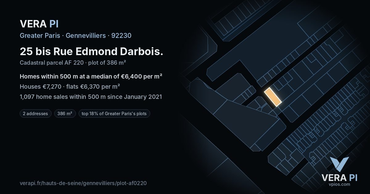 25 bis Rue Edmond Darbois, Gennevilliers at night – the plot lit, the parcels around coloured by the prices near them