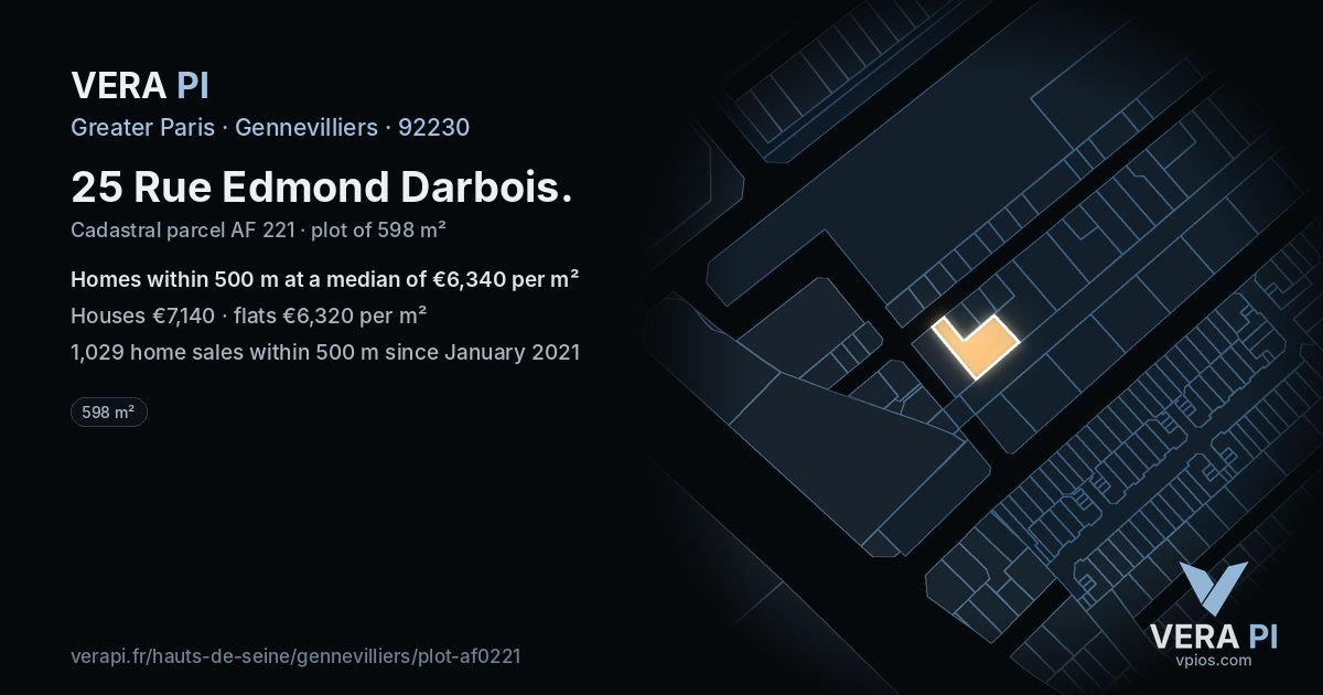 25 Rue Edmond Darbois, Gennevilliers at night – the plot lit, the parcels around coloured by the prices near them