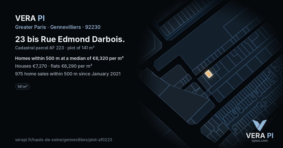 23 bis Rue Edmond Darbois, Gennevilliers at night – the plot lit, the parcels around coloured by the prices near them