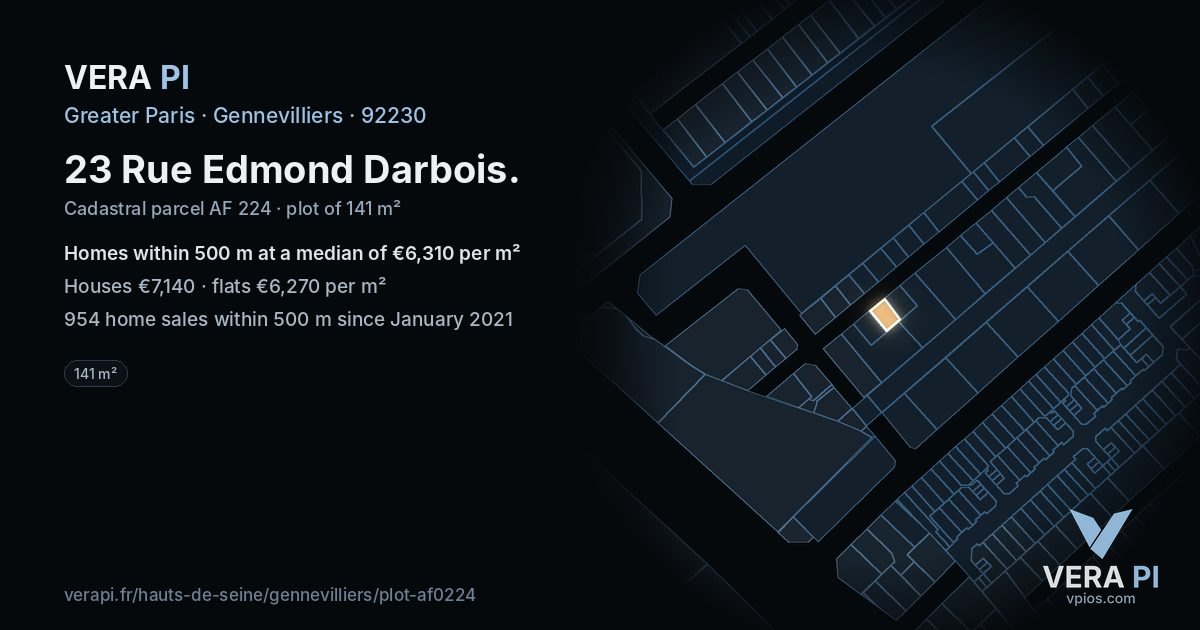 23 Rue Edmond Darbois, Gennevilliers at night – the plot lit, the parcels around coloured by the prices near them