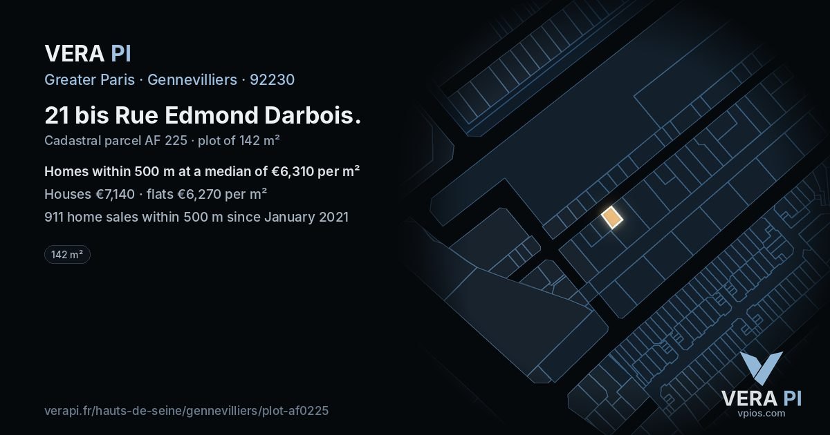 21 bis Rue Edmond Darbois, Gennevilliers at night – the plot lit, the parcels around coloured by the prices near them