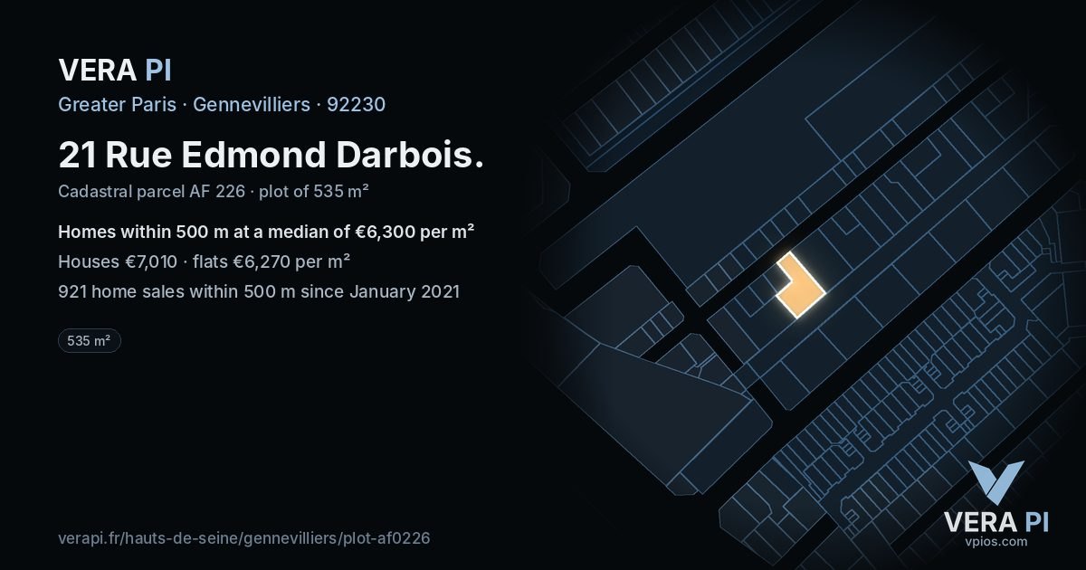21 Rue Edmond Darbois, Gennevilliers at night – the plot lit, the parcels around coloured by the prices near them