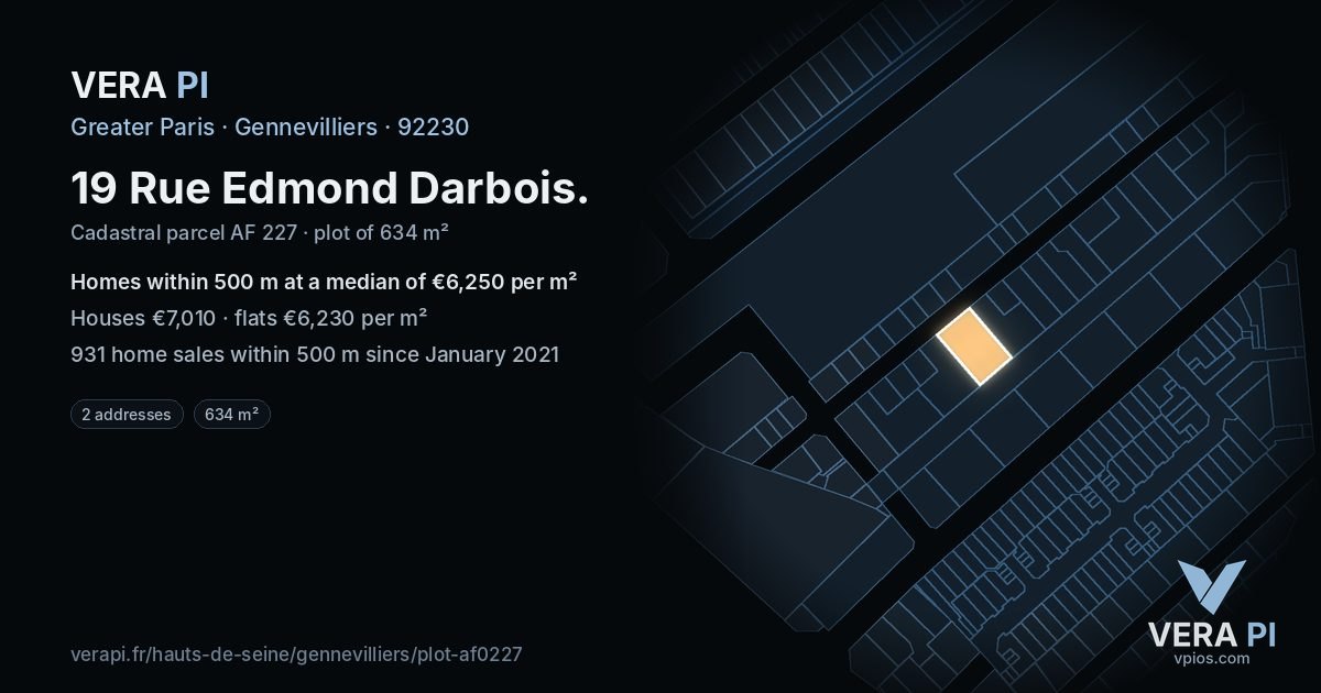 19 Rue Edmond Darbois, Gennevilliers at night – the plot lit, the parcels around coloured by the prices near them