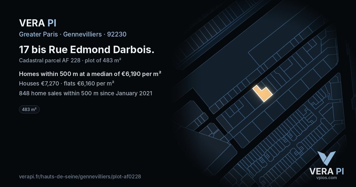 17 bis Rue Edmond Darbois, Gennevilliers at night – the plot lit, the parcels around coloured by the prices near them