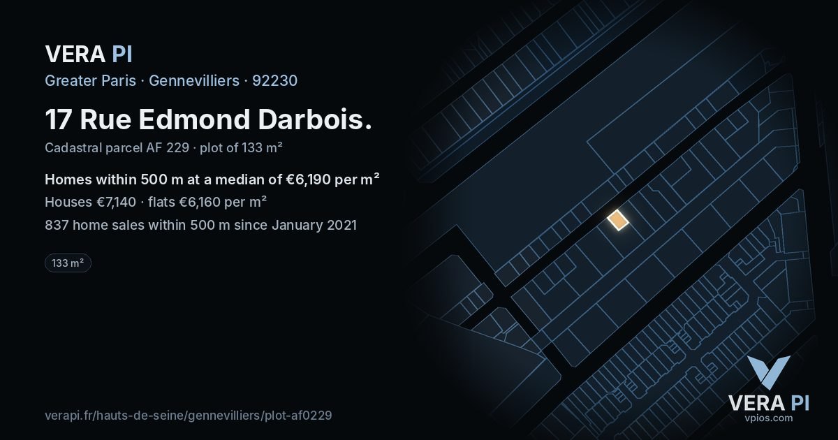 17 Rue Edmond Darbois, Gennevilliers at night – the plot lit, the parcels around coloured by the prices near them