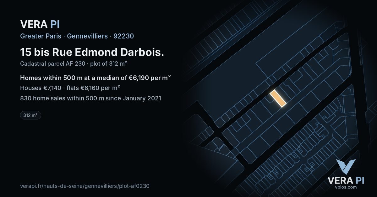 15 bis Rue Edmond Darbois, Gennevilliers at night – the plot lit, the parcels around coloured by the prices near them