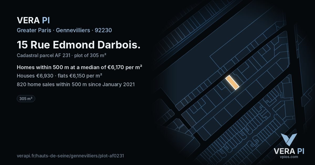 15 Rue Edmond Darbois, Gennevilliers at night – the plot lit, the parcels around coloured by the prices near them