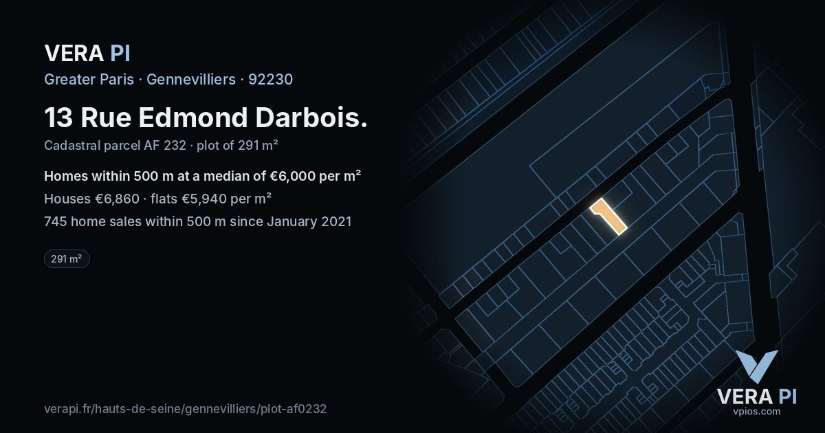 13 Rue Edmond Darbois, Gennevilliers at night – the plot lit, the parcels around coloured by the prices near them