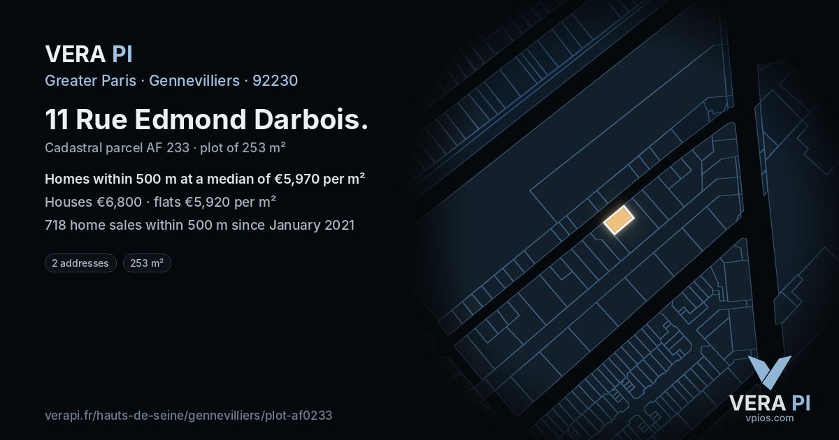 11 Rue Edmond Darbois, Gennevilliers at night – the plot lit, the parcels around coloured by the prices near them