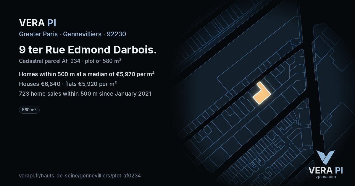 9 ter Rue Edmond Darbois, Gennevilliers at night – the plot lit, the parcels around coloured by the prices near them