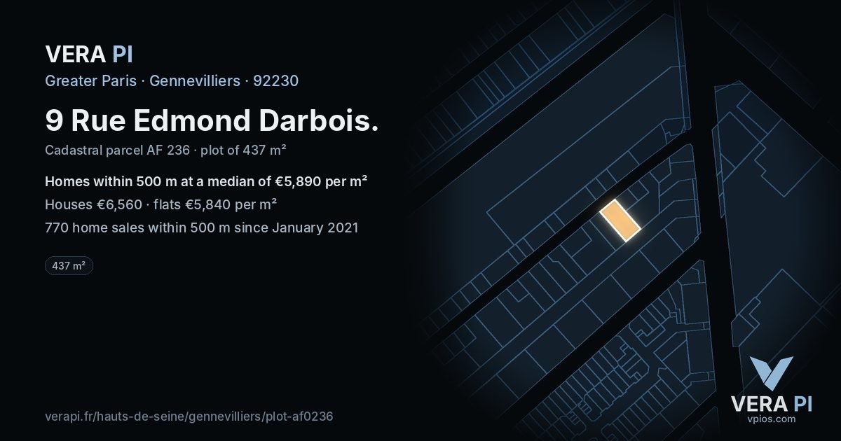 9 Rue Edmond Darbois, Gennevilliers at night – the plot lit, the parcels around coloured by the prices near them