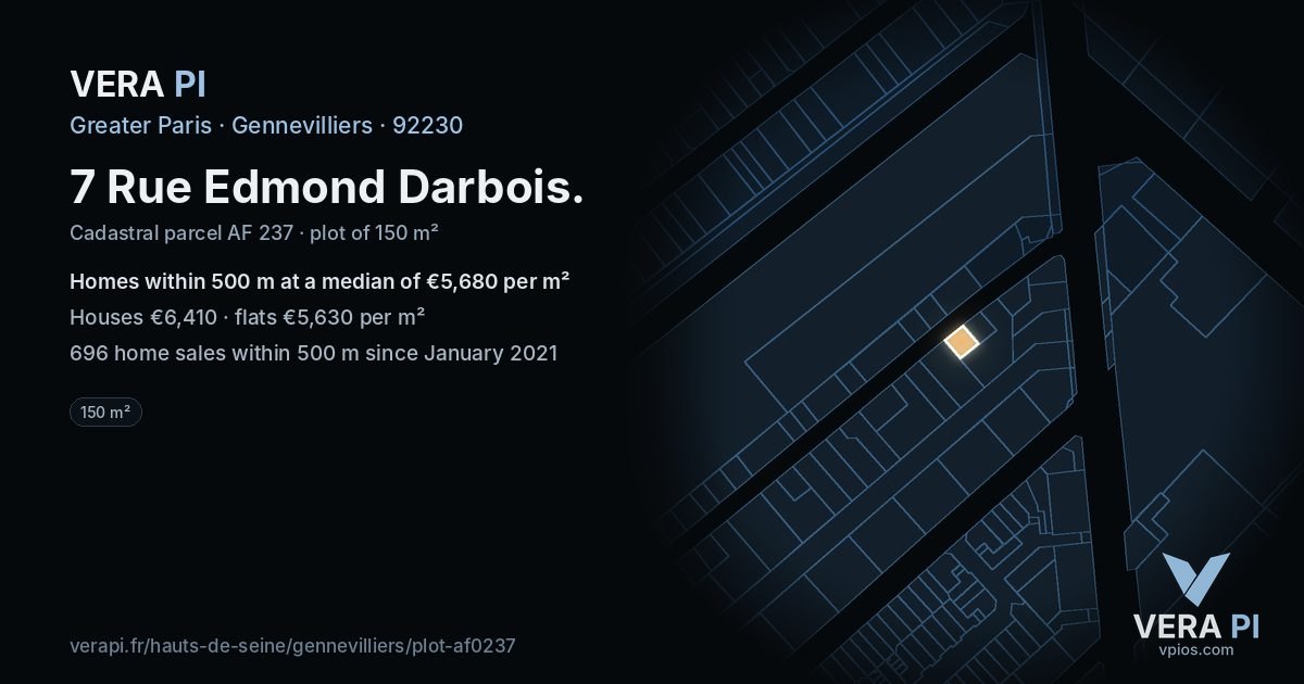 7 Rue Edmond Darbois, Gennevilliers at night – the plot lit, the parcels around coloured by the prices near them