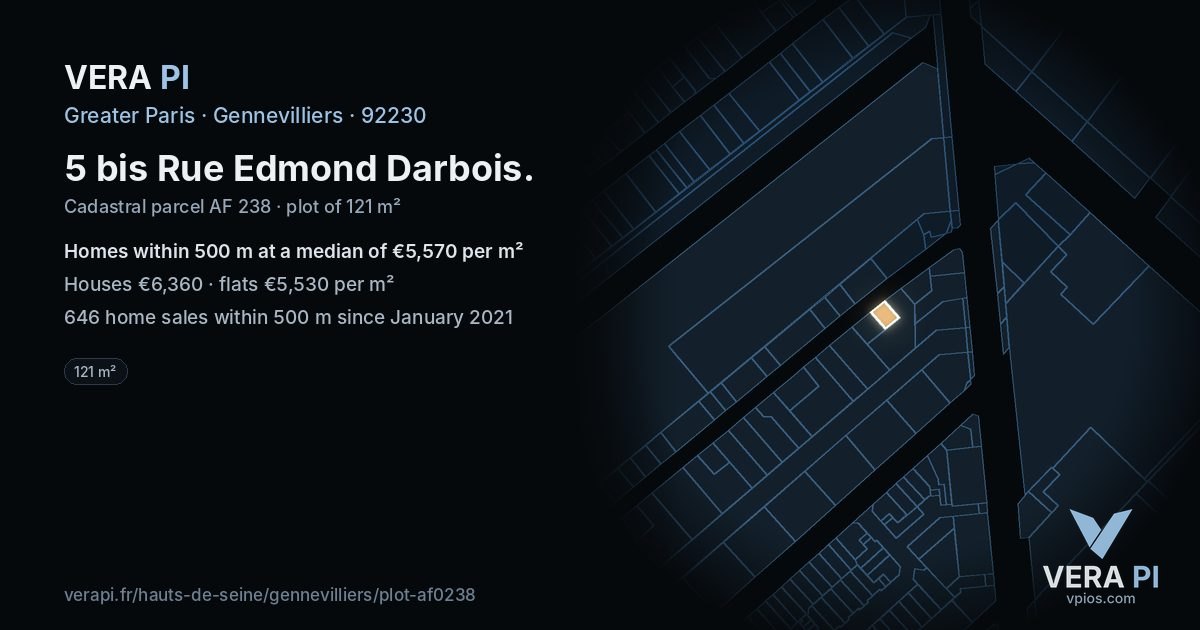 5 bis Rue Edmond Darbois, Gennevilliers at night – the plot lit, the parcels around coloured by the prices near them