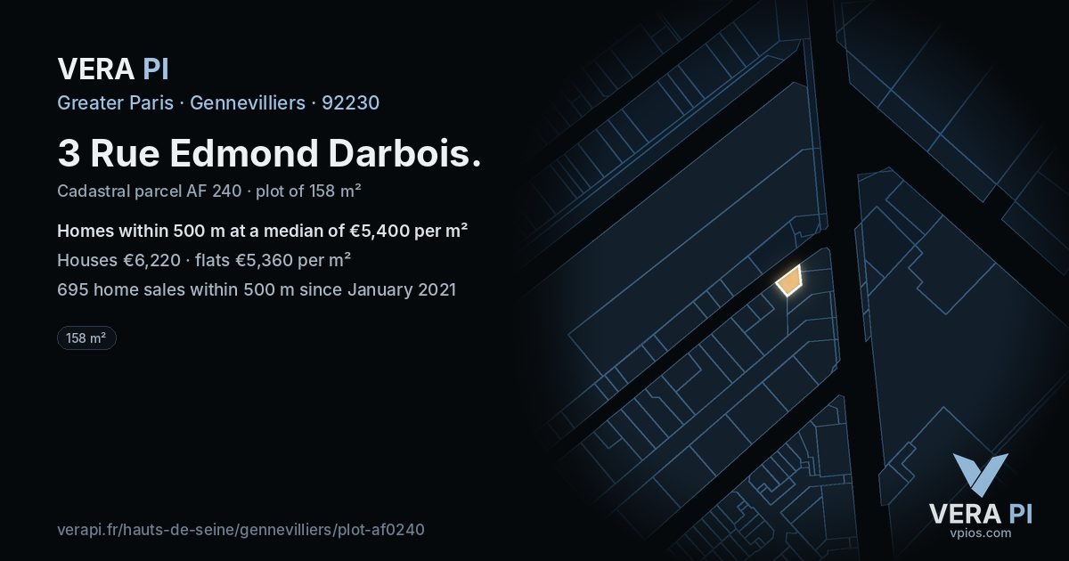 3 Rue Edmond Darbois, Gennevilliers at night – the plot lit, the parcels around coloured by the prices near them