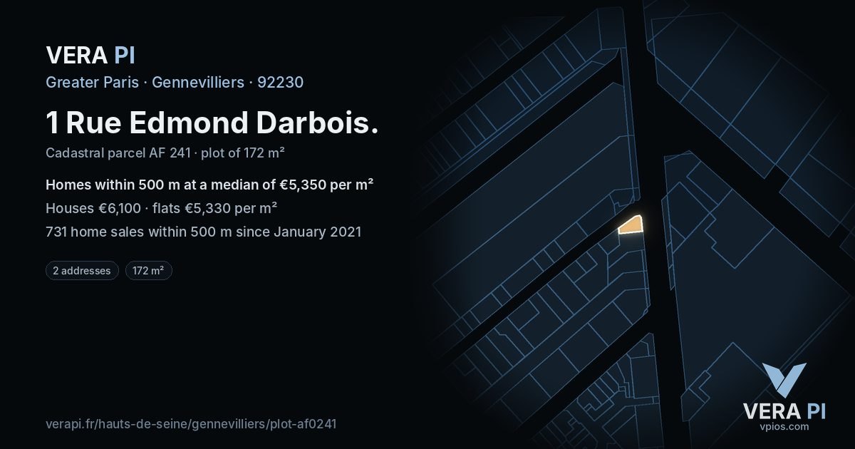 1 Rue Edmond Darbois, Gennevilliers at night – the plot lit, the parcels around coloured by the prices near them