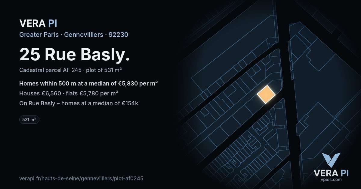 25 Rue Basly, Gennevilliers at night – the plot lit, the parcels around coloured by the prices near them