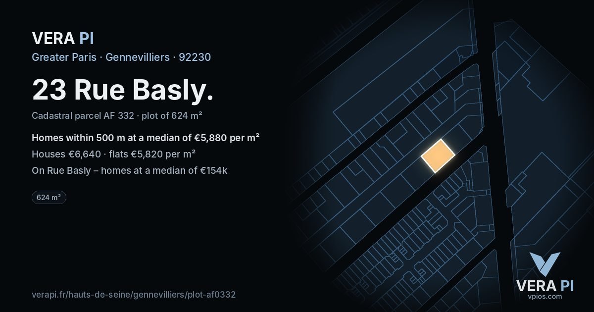 23 Rue Basly, Gennevilliers at night – the plot lit, the parcels around coloured by the prices near them