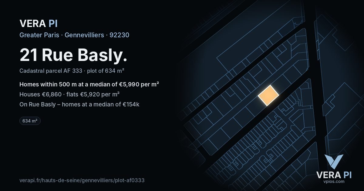21 Rue Basly, Gennevilliers at night – the plot lit, the parcels around coloured by the prices near them