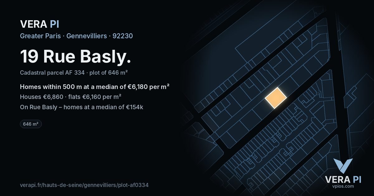 19 Rue Basly, Gennevilliers at night – the plot lit, the parcels around coloured by the prices near them