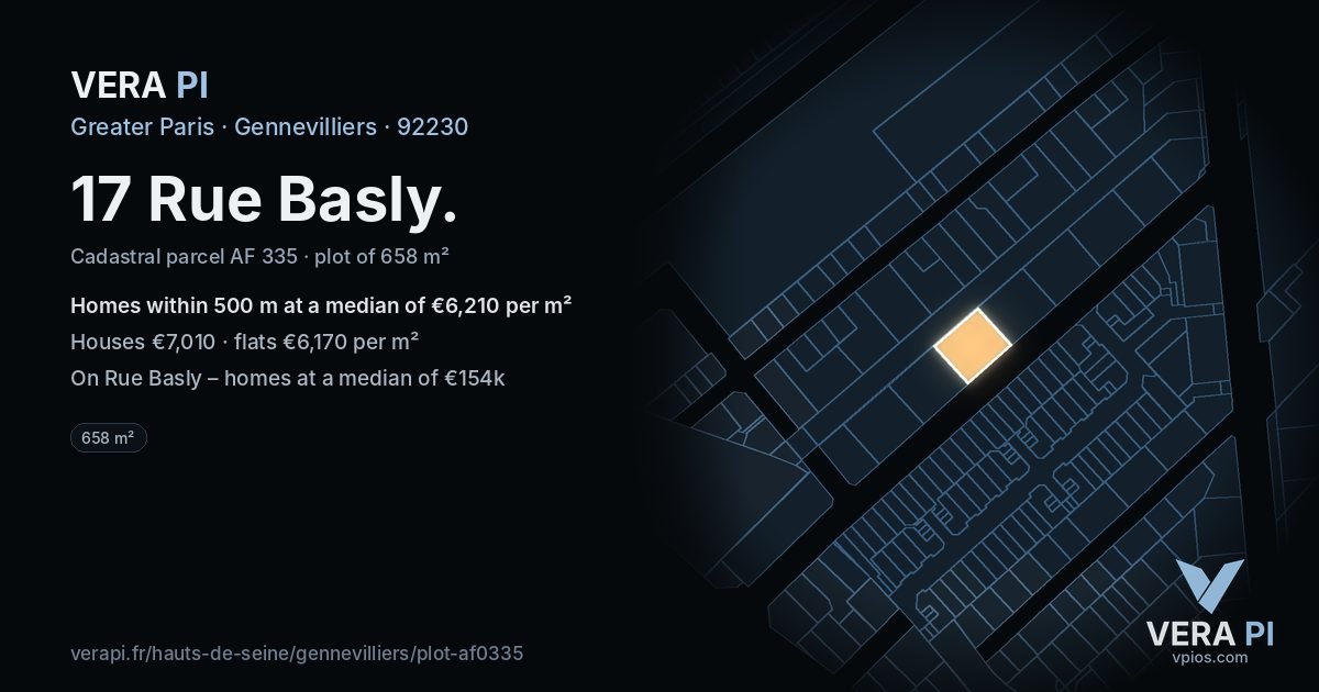 17 Rue Basly, Gennevilliers at night – the plot lit, the parcels around coloured by the prices near them