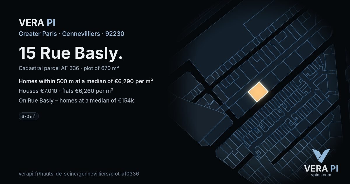 15 Rue Basly, Gennevilliers at night – the plot lit, the parcels around coloured by the prices near them